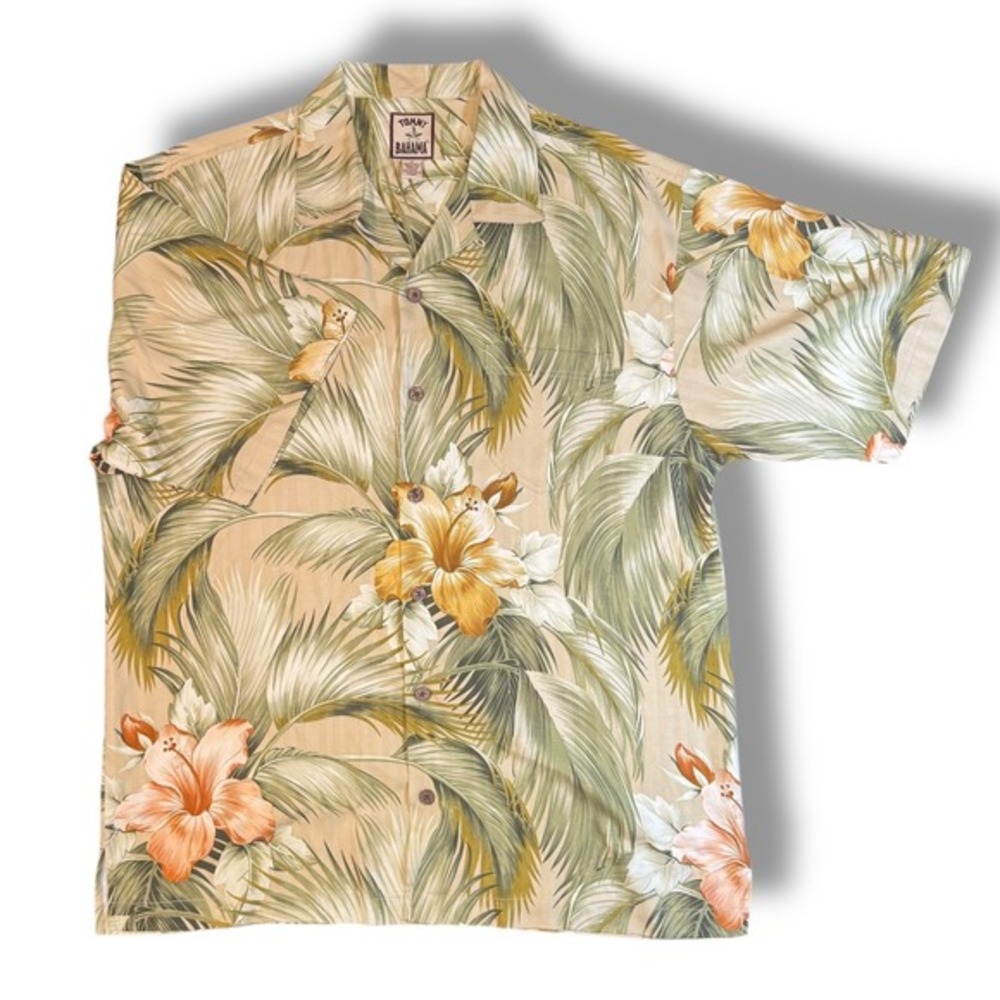 Tommy Bahama 100% Silk Floral Hawaiian‎ Camp Shirt Beige Green Orange M
